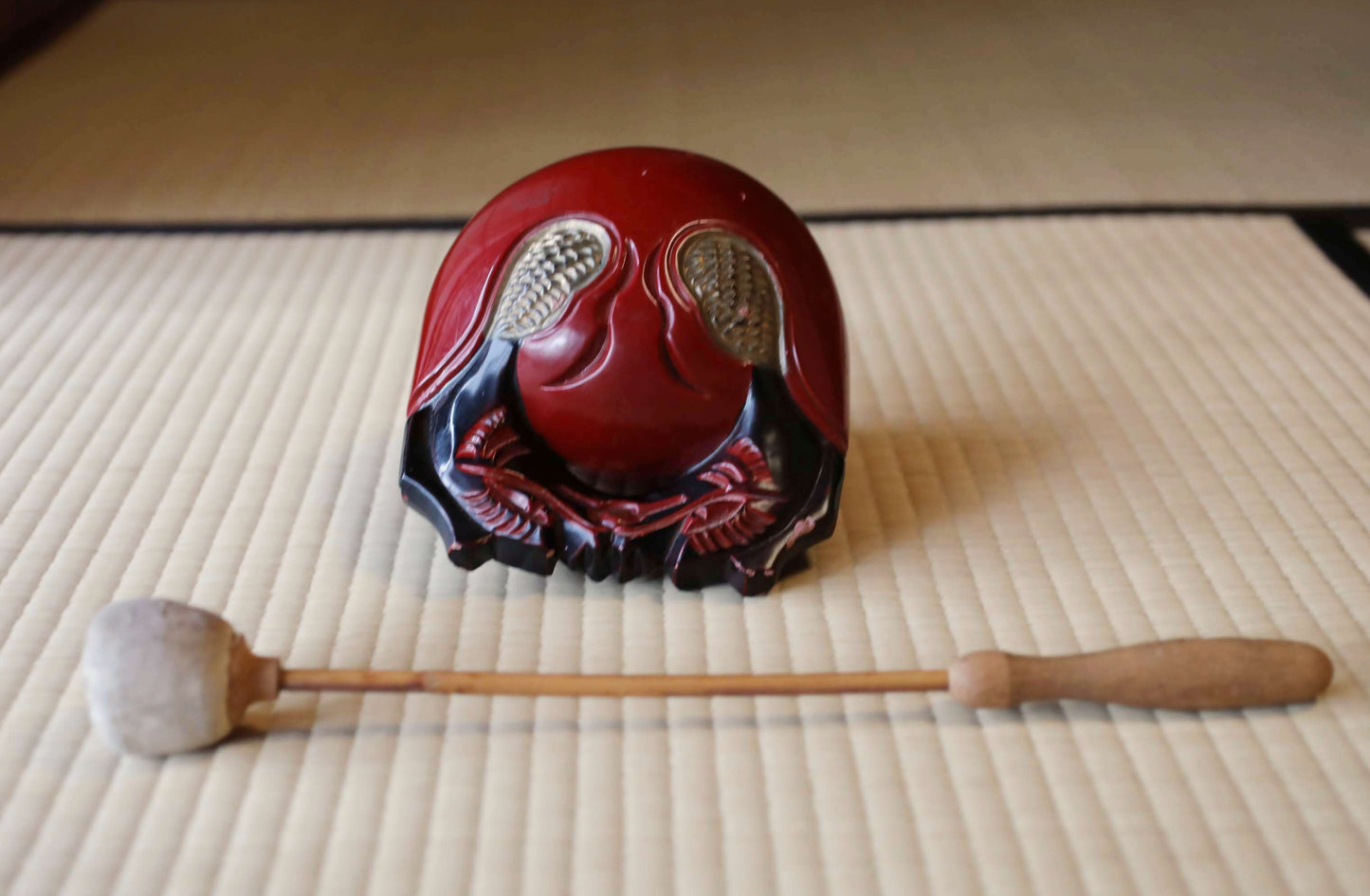 Wooden Fish drum gong"mokugyo" Buddhist tools red, black, gold lacquer with stick Japanese Chanting Musical Drum ornament H7.3in/H18.5cm