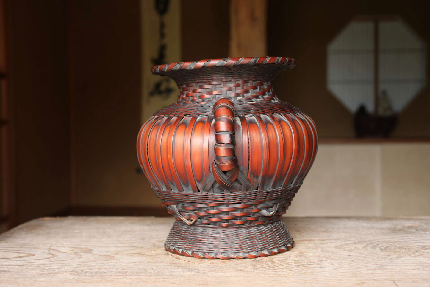 LARGE! Japanese vintage bamboo woven vase with two handles in smoke stained color, IKEBANA, Tea ceremony, Hana-kago W13.4in/W34cm