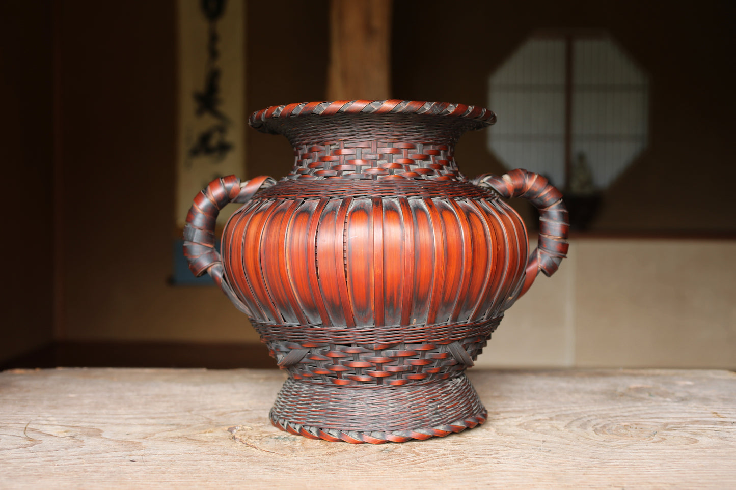 LARGE! Japanese vintage bamboo woven vase with two handles in smoke stained color, IKEBANA, Tea ceremony, Hana-kago W13.4in/W34cm