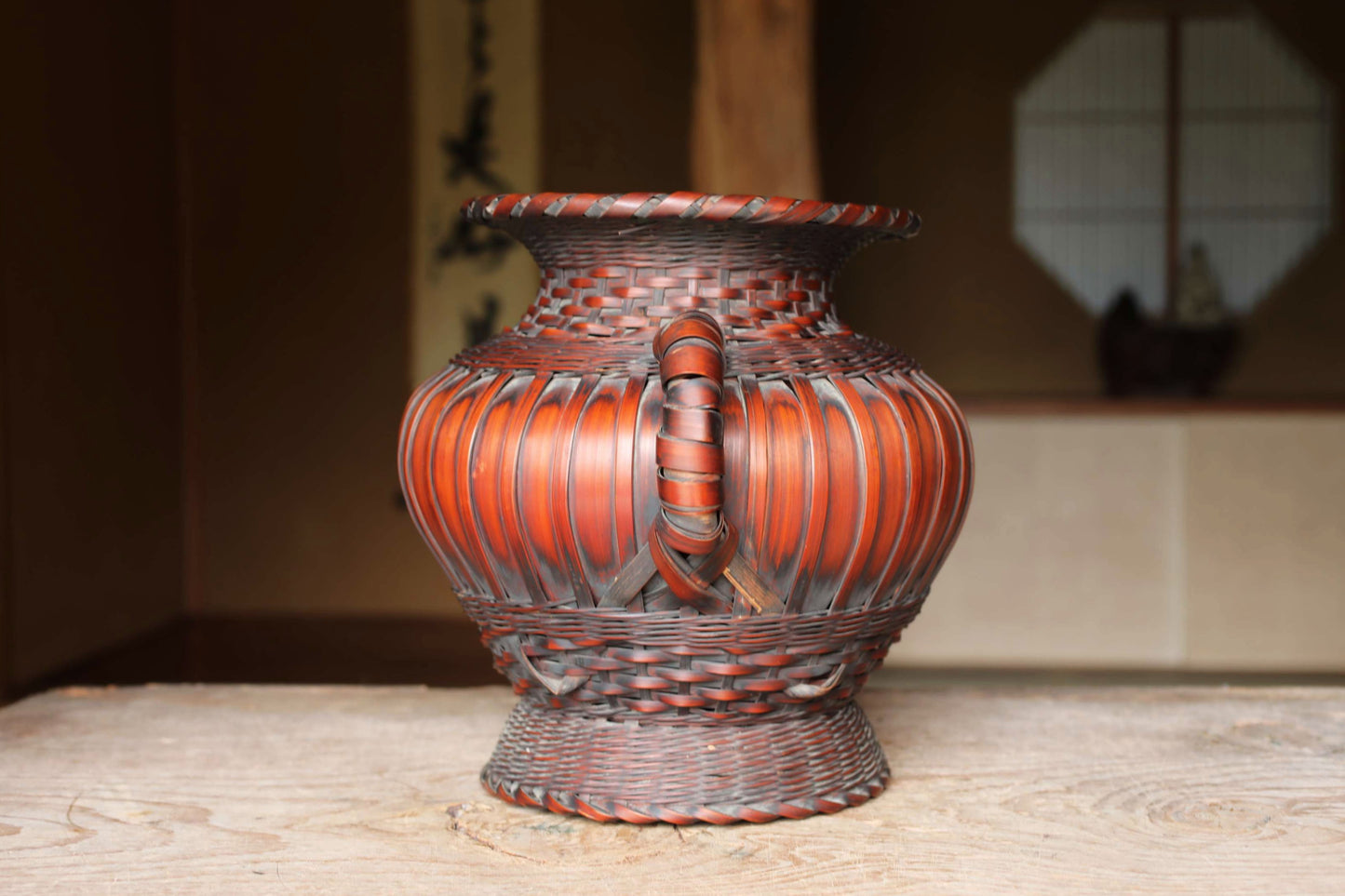 LARGE! Japanese vintage bamboo woven vase with two handles in smoke stained color, IKEBANA, Tea ceremony, Hana-kago W13.4in/W34cm