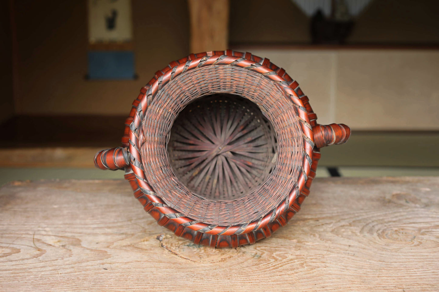 LARGE! Japanese vintage bamboo woven vase with two handles in smoke stained color, IKEBANA, Tea ceremony, Hana-kago W13.4in/W34cm