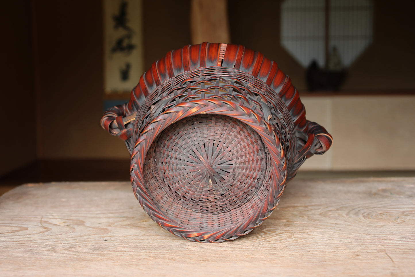 LARGE! Japanese vintage bamboo woven vase with two handles in smoke stained color, IKEBANA, Tea ceremony, Hana-kago W13.4in/W34cm