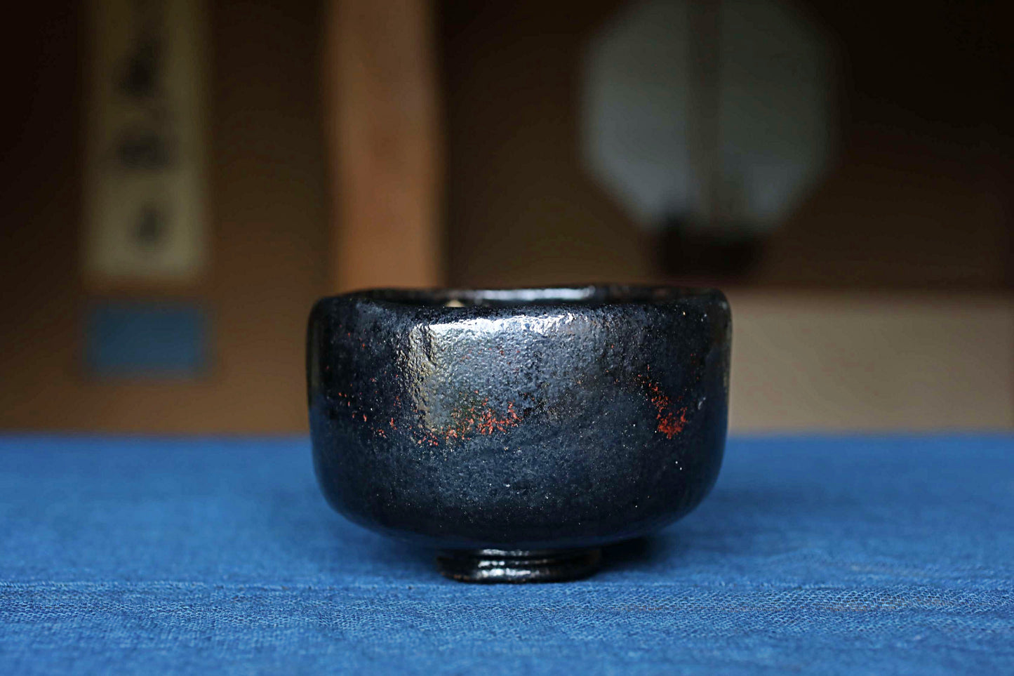 Matcha tea bowl Japanese Black 楽RAKU CHAWAN signature handmade Tea Cup Tea Ceremony pottery with box W4.8in/W12.3cm