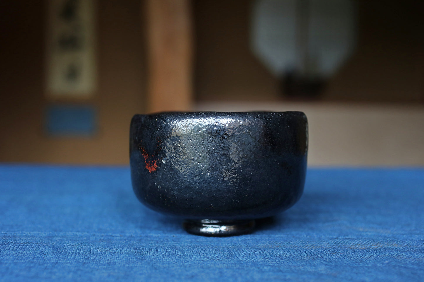 Matcha tea bowl Japanese Black 楽RAKU CHAWAN signature handmade Tea Cup Tea Ceremony pottery with box W4.8in/W12.3cm
