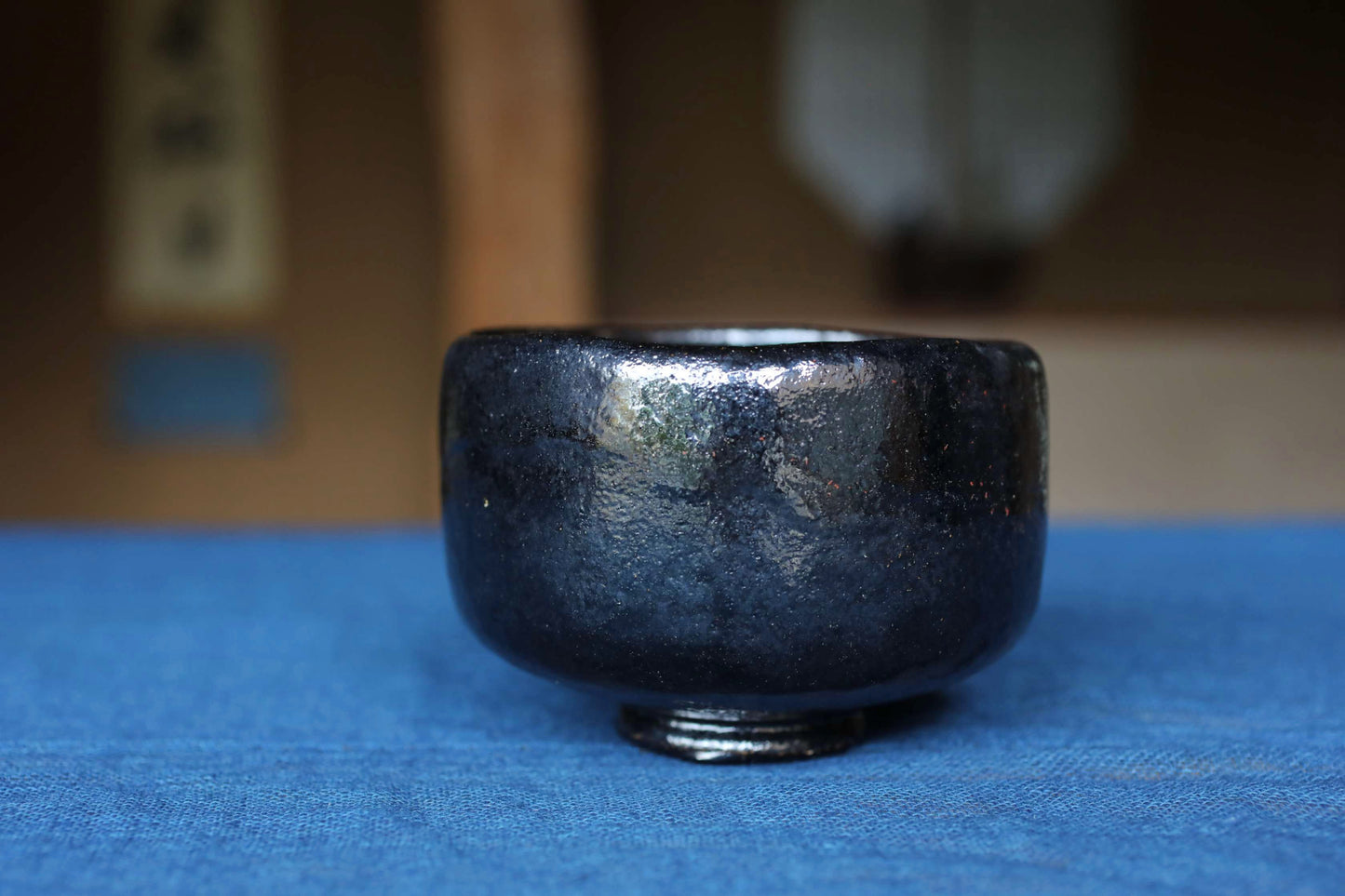 Matcha tea bowl Japanese Black 楽RAKU CHAWAN signature handmade Tea Cup Tea Ceremony pottery with box W4.8in/W12.3cm