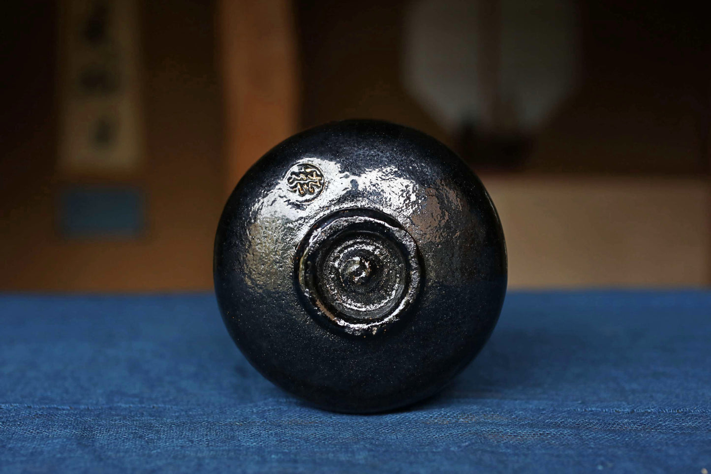 Matcha tea bowl Japanese Black 楽RAKU CHAWAN signature handmade Tea Cup Tea Ceremony pottery with box W4.8in/W12.3cm