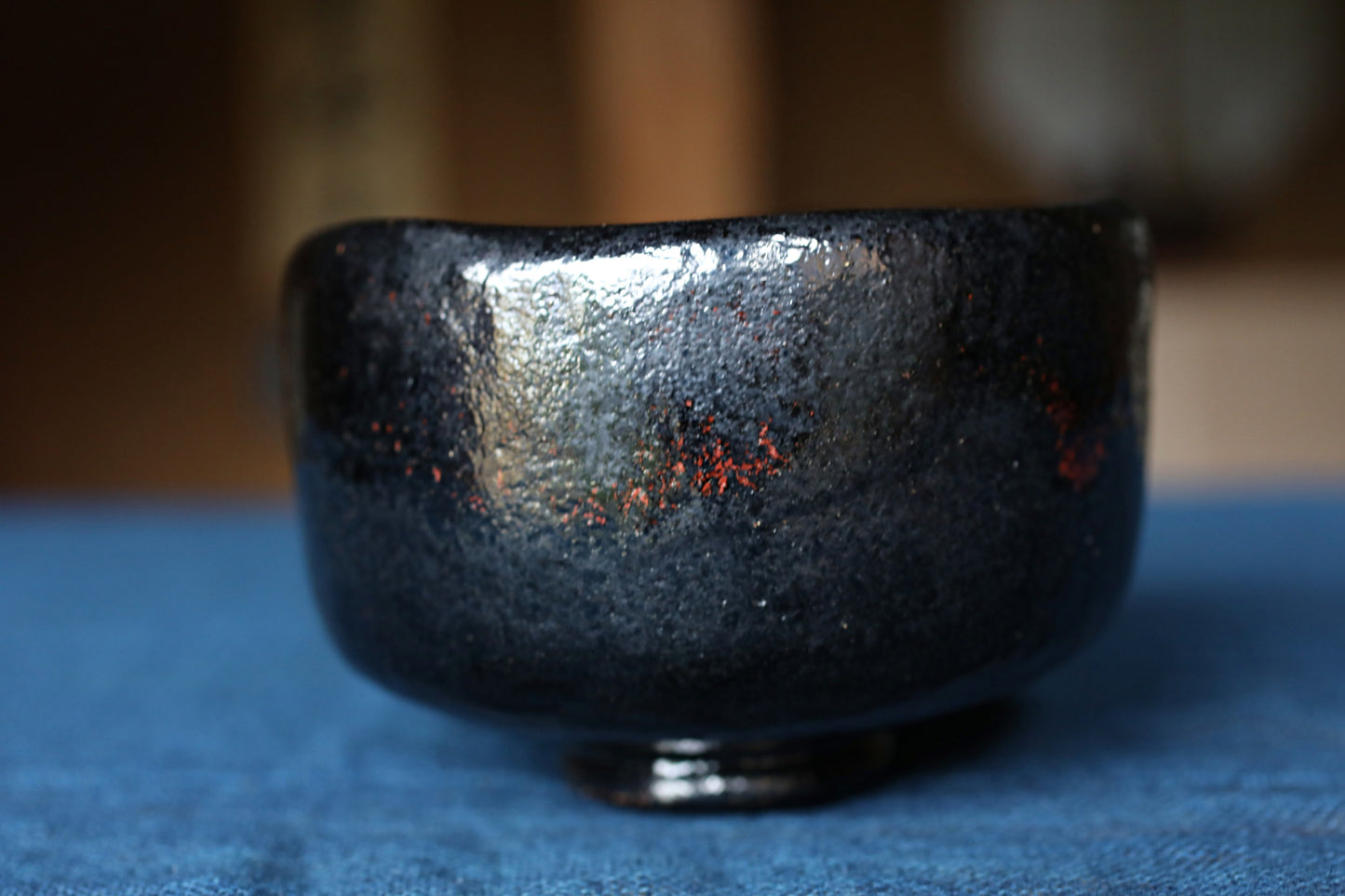 Matcha tea bowl Japanese Black 楽RAKU CHAWAN signature handmade Tea Cup Tea Ceremony pottery with box W4.8in/W12.3cm