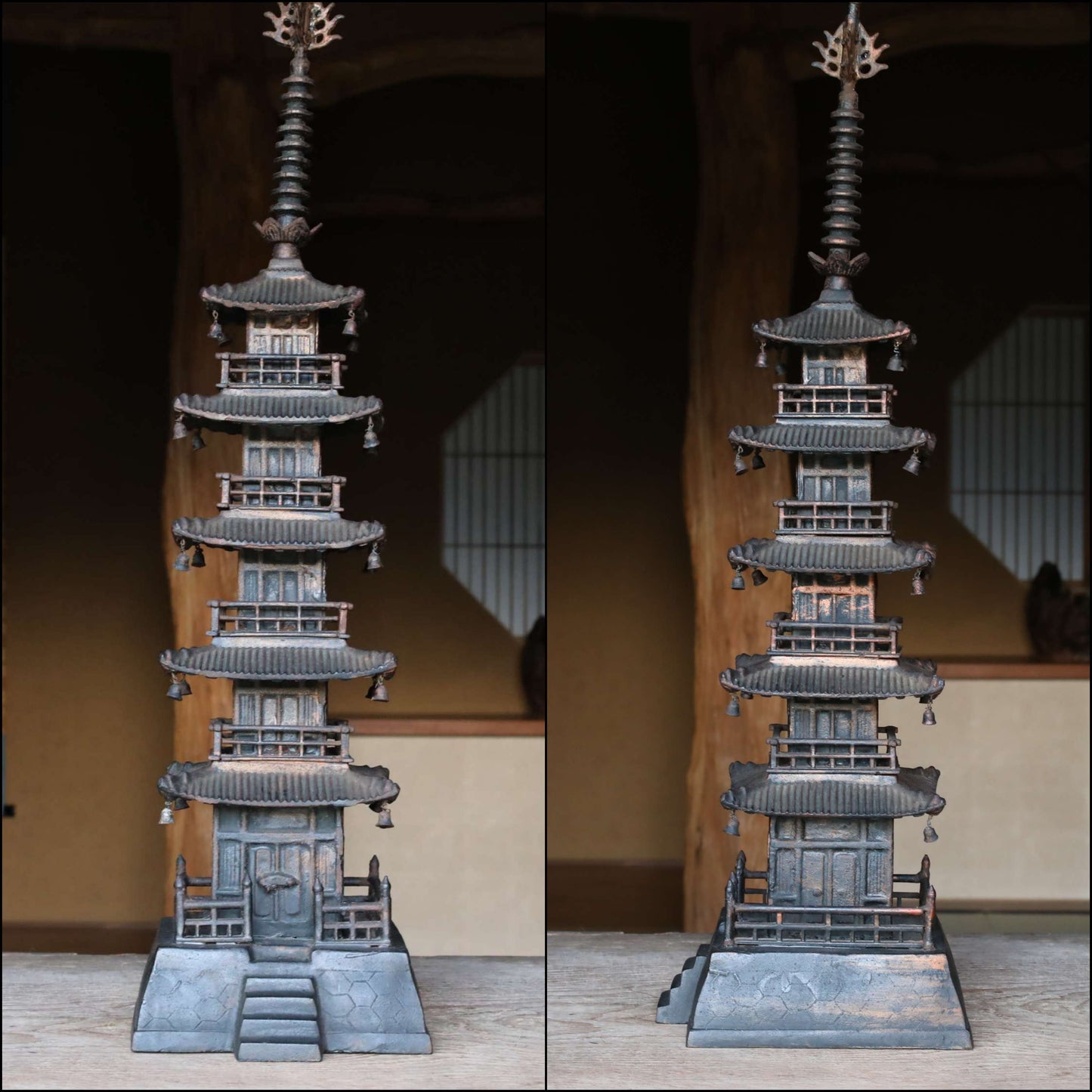 LARGE Japanese vintage cast iron five-storied Pagoda Buddhist architecture Kyoto design, Japanese metal interior H31.5×7.9in/H80×20cm