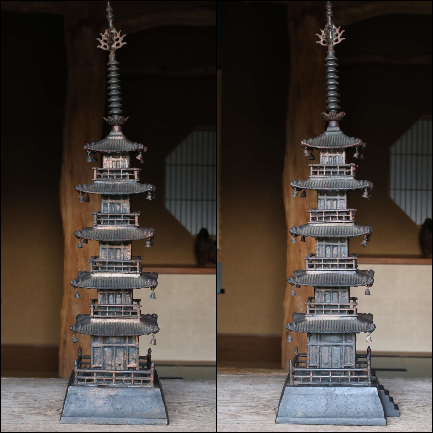 LARGE Japanese vintage cast iron five-storied Pagoda Buddhist architecture Kyoto design, Japanese metal interior H31.5×7.9in/H80×20cm