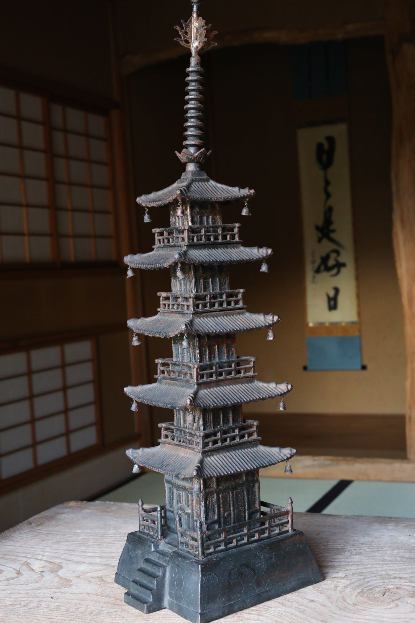 LARGE Japanese vintage cast iron five-storied Pagoda Buddhist architecture Kyoto design, Japanese metal interior H31.5×7.9in/H80×20cm