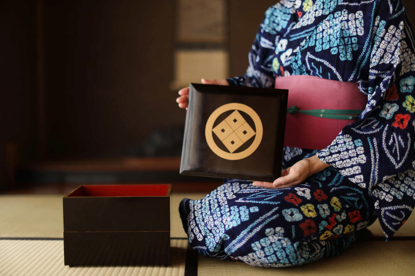 Japanese antique urushi lacquer WAJIMA Makie Jubako 1920s, storage box black/gold/red wooden Two-tiered boxes with gold crest, W9.4in/H24cm