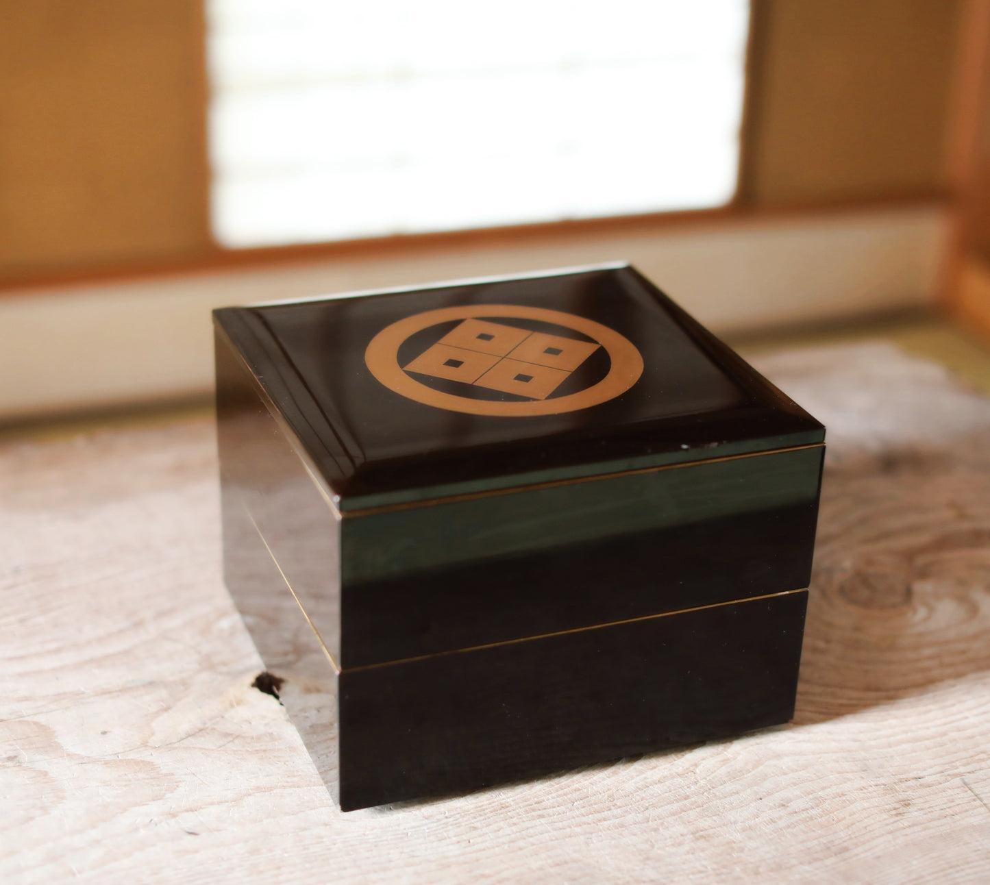 Japanese antique urushi lacquer WAJIMA Makie Jubako 1920s, storage box black/gold/red wooden Two-tiered boxes with gold crest, W9.4in/H24cm