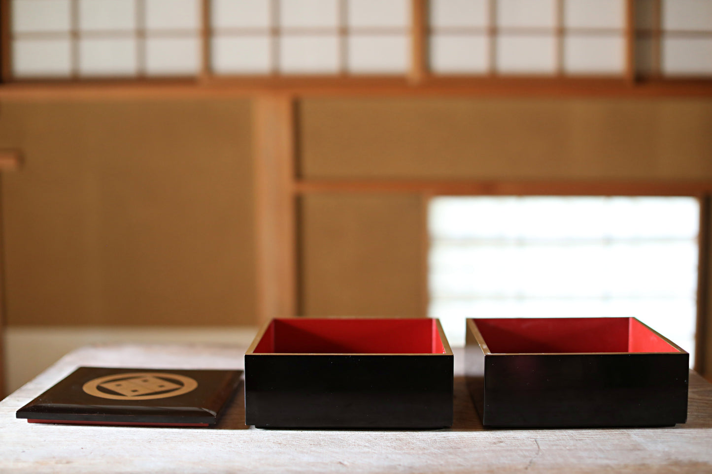 Japanese antique urushi lacquer WAJIMA Makie Jubako 1920s, storage box black/gold/red wooden Two-tiered boxes with gold crest, W9.4in/H24cm