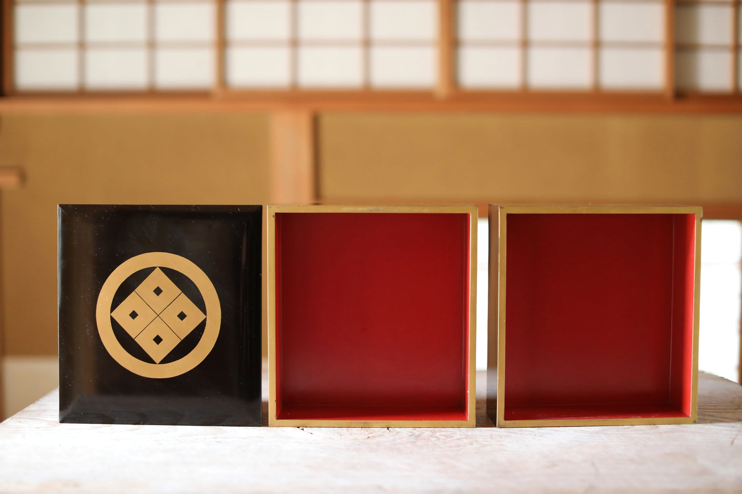 Japanese antique urushi lacquer WAJIMA Makie Jubako 1920s, storage box black/gold/red wooden Two-tiered boxes with gold crest, W9.4in/H24cm