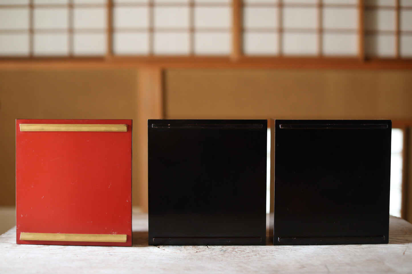 Japanese antique urushi lacquer WAJIMA Makie Jubako 1920s, storage box black/gold/red wooden Two-tiered boxes with gold crest, W9.4in/H24cm