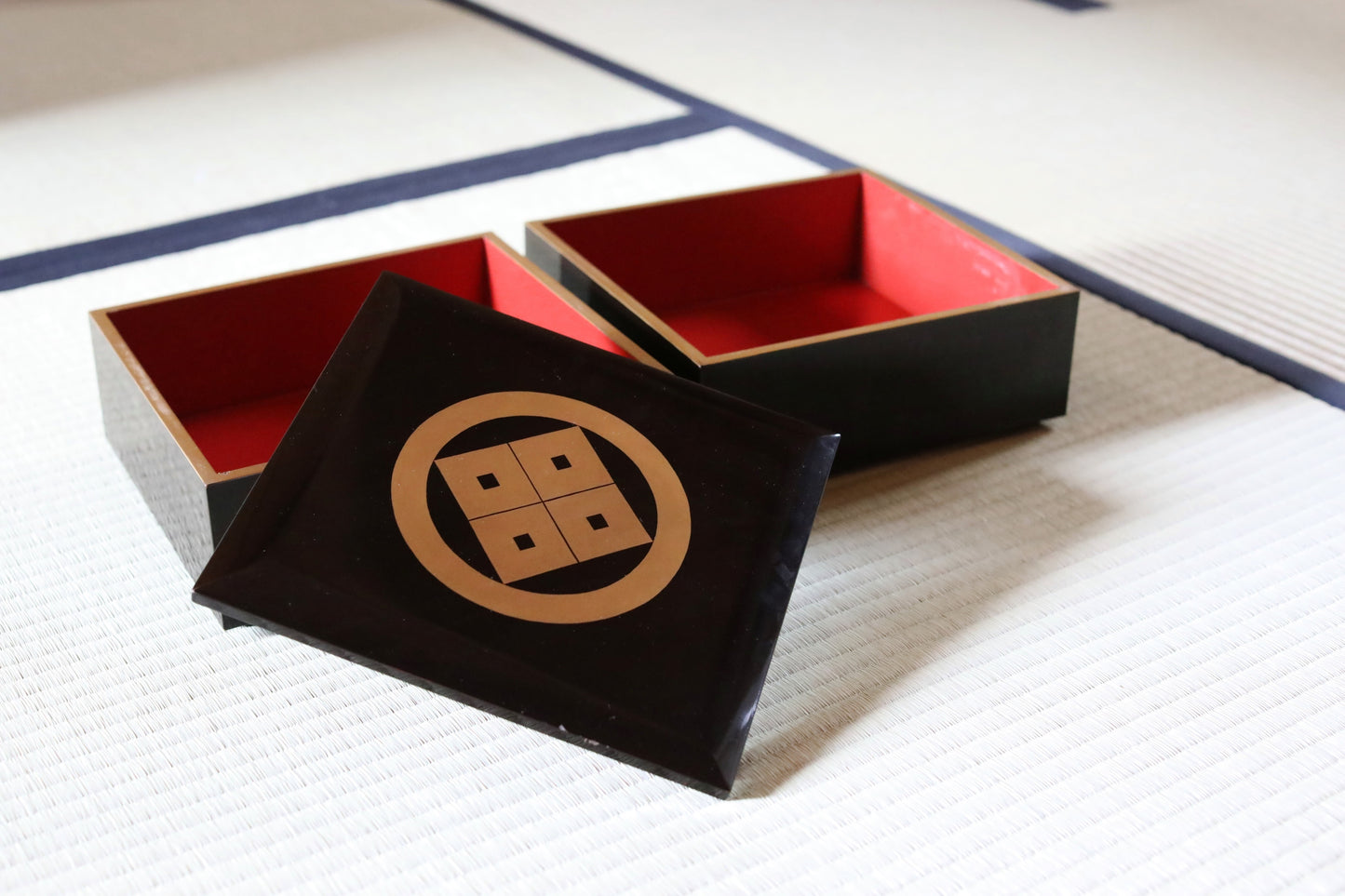 Japanese antique urushi lacquer WAJIMA Makie Jubako 1920s, storage box black/gold/red wooden Two-tiered boxes with gold crest, W9.4in/H24cm