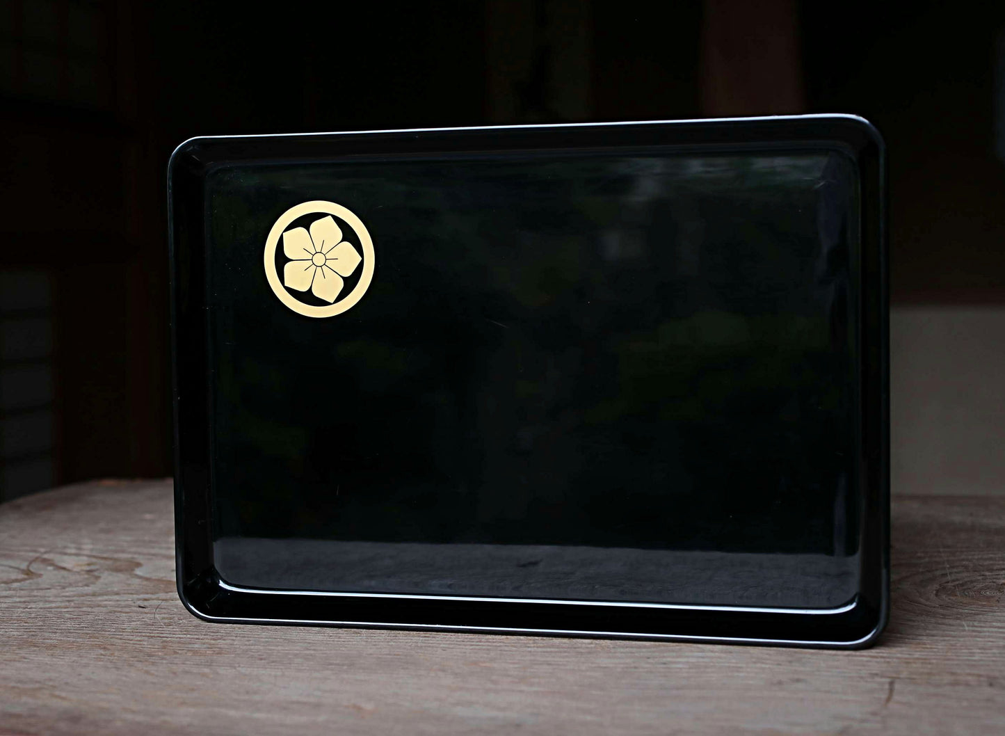 Japanese URUSHI lacquer square tray OBON black gold wisteria flower Family crest wooden tableware Tea ceremony Makie 13.1×9.1in/33.3×23.2cm