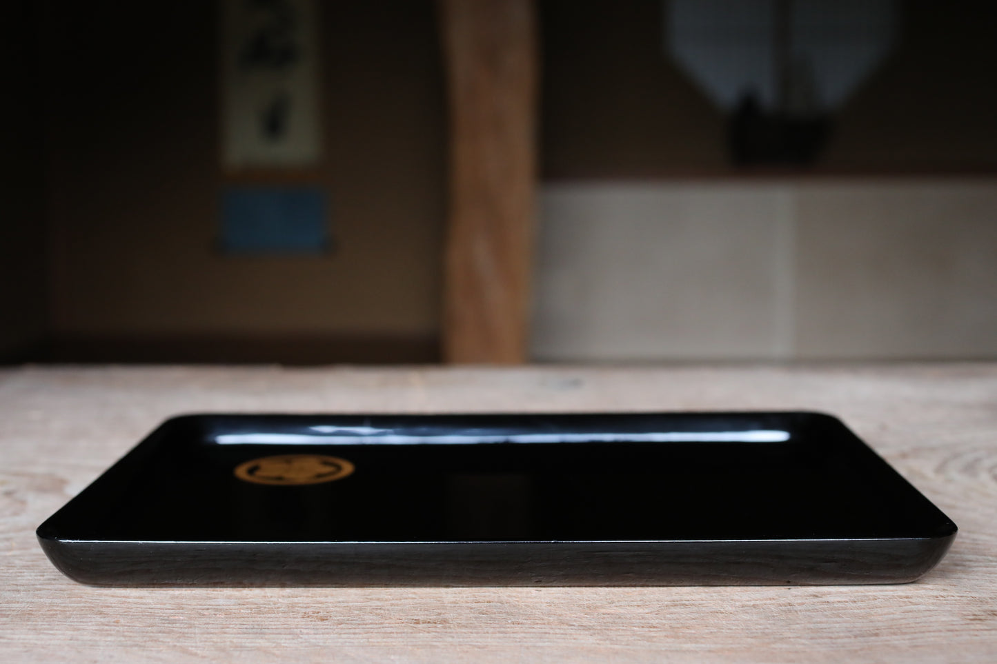 Japanese URUSHI lacquer square tray OBON black gold wisteria flower Family crest wooden tableware Tea ceremony Makie 13.1×9.1in/33.3×23.2cm