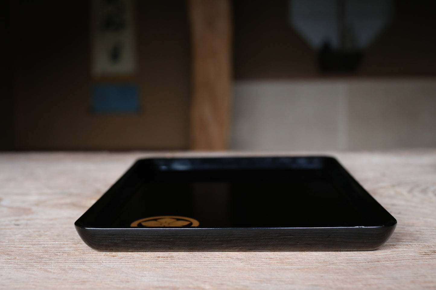 Japanese URUSHI lacquer square tray OBON black gold wisteria flower Family crest wooden tableware Tea ceremony Makie 13.1×9.1in/33.3×23.2cm