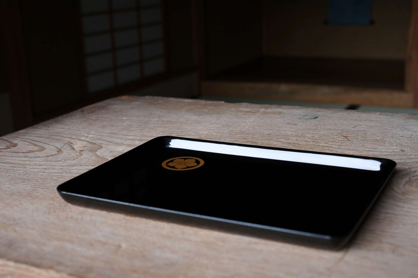 Japanese URUSHI lacquer square tray OBON black gold wisteria flower Family crest wooden tableware Tea ceremony Makie 13.1×9.1in/33.3×23.2cm