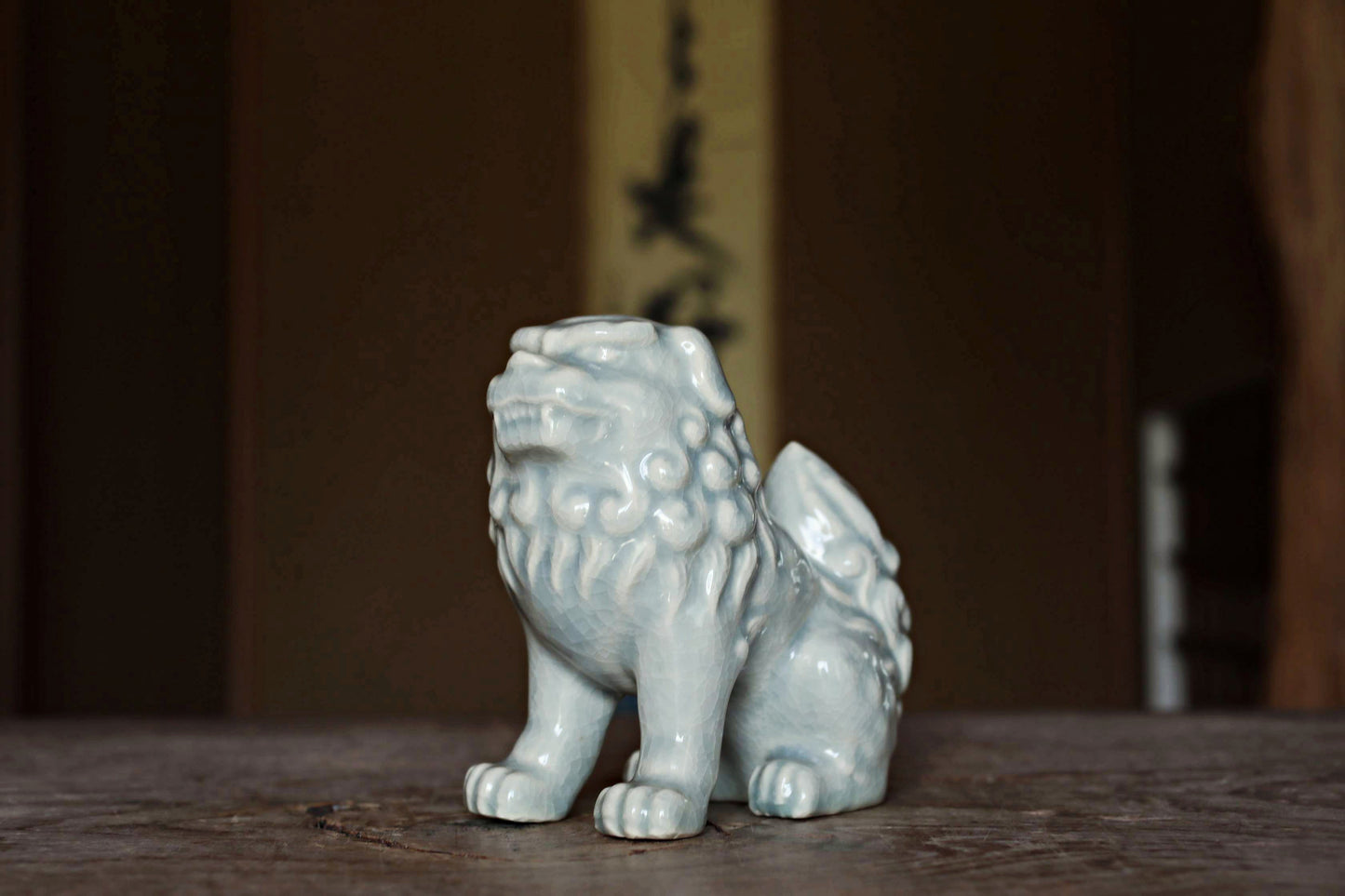 Japanese vintage dolls celadon porcelain with singed, Shinto shrine Lion Komainu,  lion ceramic ornament 1970s H5.3×5.5in/H13.5×14cm