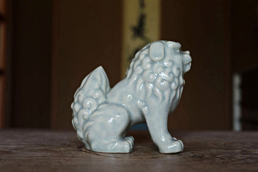 Japanese vintage dolls celadon porcelain with singed, Shinto shrine Lion Komainu,  lion ceramic ornament 1970s H5.3×5.5in/H13.5×14cm