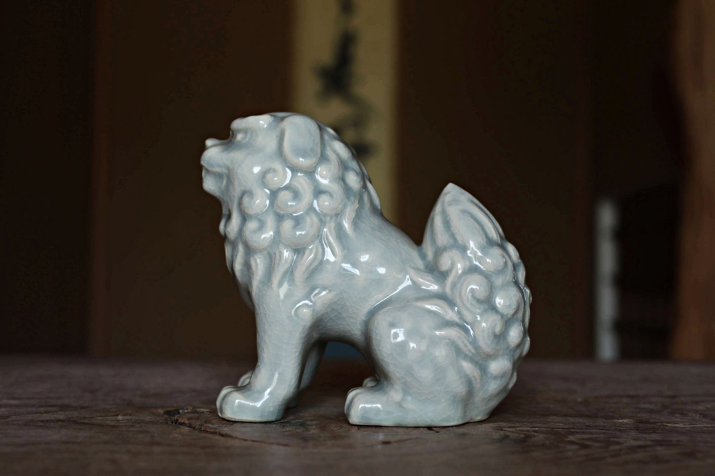 Japanese vintage dolls celadon porcelain with singed, Shinto shrine Lion Komainu,  lion ceramic ornament 1970s H5.3×5.5in/H13.5×14cm