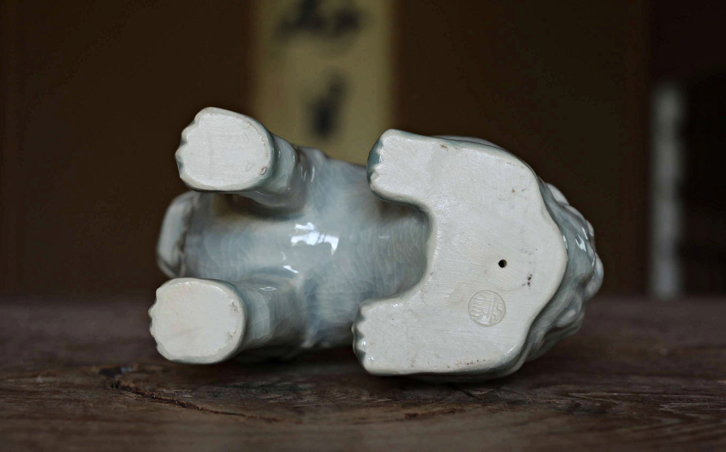 Japanese vintage dolls celadon porcelain with singed, Shinto shrine Lion Komainu,  lion ceramic ornament 1970s H5.3×5.5in/H13.5×14cm
