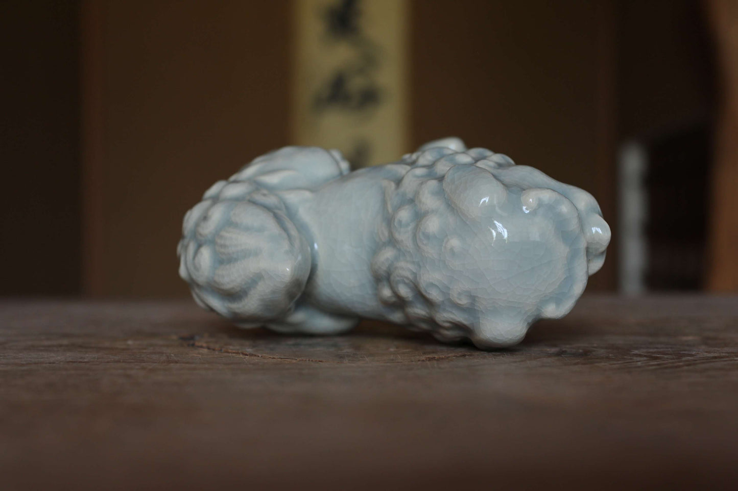 Japanese vintage dolls celadon porcelain with singed, Shinto shrine Lion Komainu,  lion ceramic ornament 1970s H5.3×5.5in/H13.5×14cm