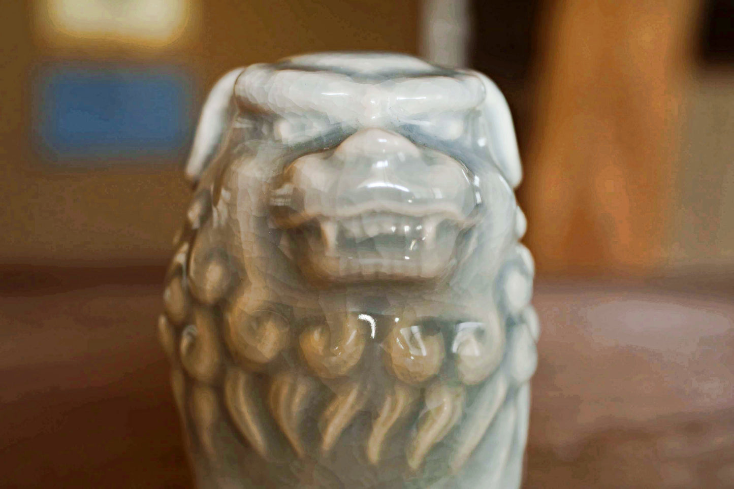 Japanese vintage dolls celadon porcelain with singed, Shinto shrine Lion Komainu,  lion ceramic ornament 1970s H5.3×5.5in/H13.5×14cm