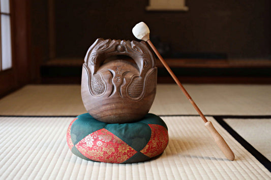 Japanese vintage buddhist alter Patina Wooden Fish drum gong "Mokugyo" with stick and cushion buddhist temple Chanting Drum 8.1in/20.5cm