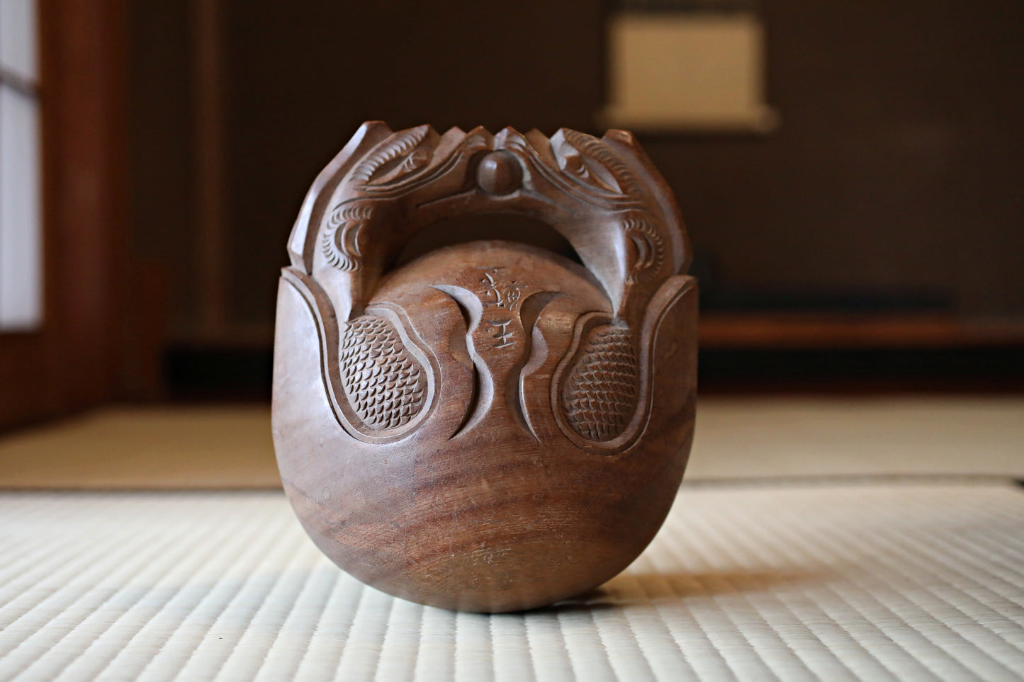 Japanese vintage buddhist alter Patina Wooden Fish drum gong "Mokugyo" with stick and cushion buddhist temple Chanting Drum 8.1in/20.5cm
