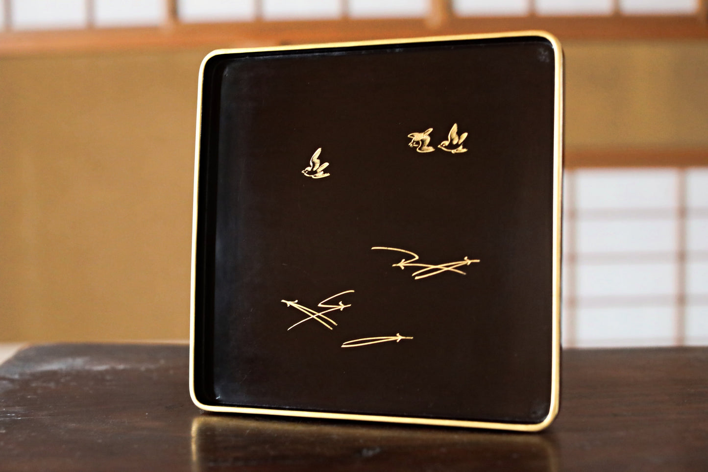 Japanese vintage Urushi Lacquer wooden tray with MAKIE gold little birds Ozen/Obon/ with low legs Japanese furniture 1960s 9.4in/24cm