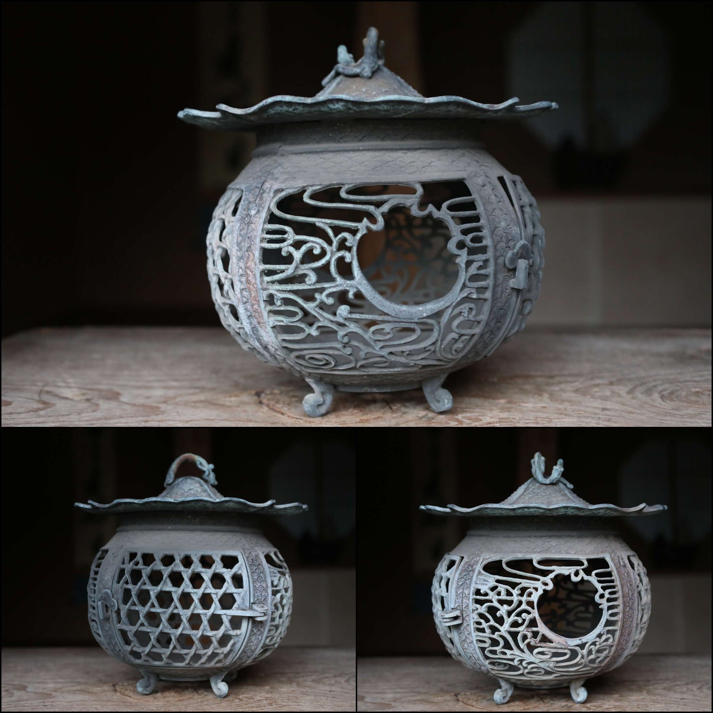 FINE! Japanese antique bronze Lantern, garden lamp, Hanging or Standing Lantern Tsuridoro with dragon cloud open work H11.4in/H29cm