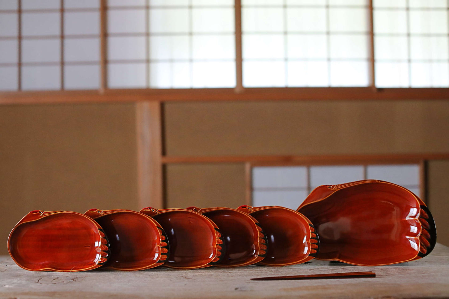 Set of 6 plates One chopstick Japanese Vintage Lacquer wooden reddish brown Shunkei urushi for tea ceremony H5.9×W9.8in/15×25cm