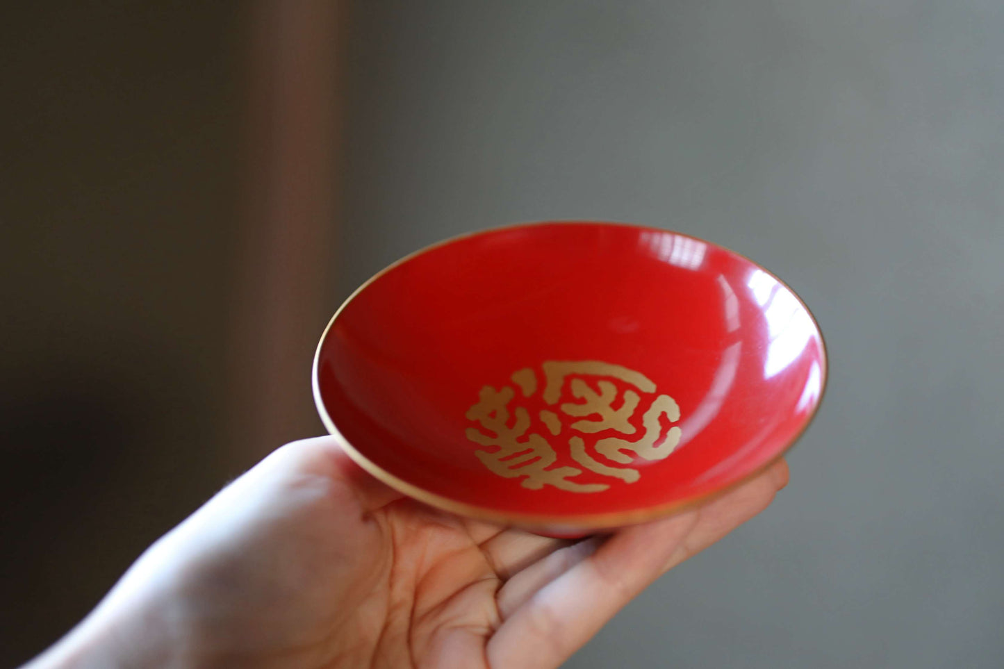 Red lacquer wooden sake cup with calligraphy and signature in gold, Japanese antique wooden urushi 1920s "SAKAZUKI" with box, 4.3in/10.8cm