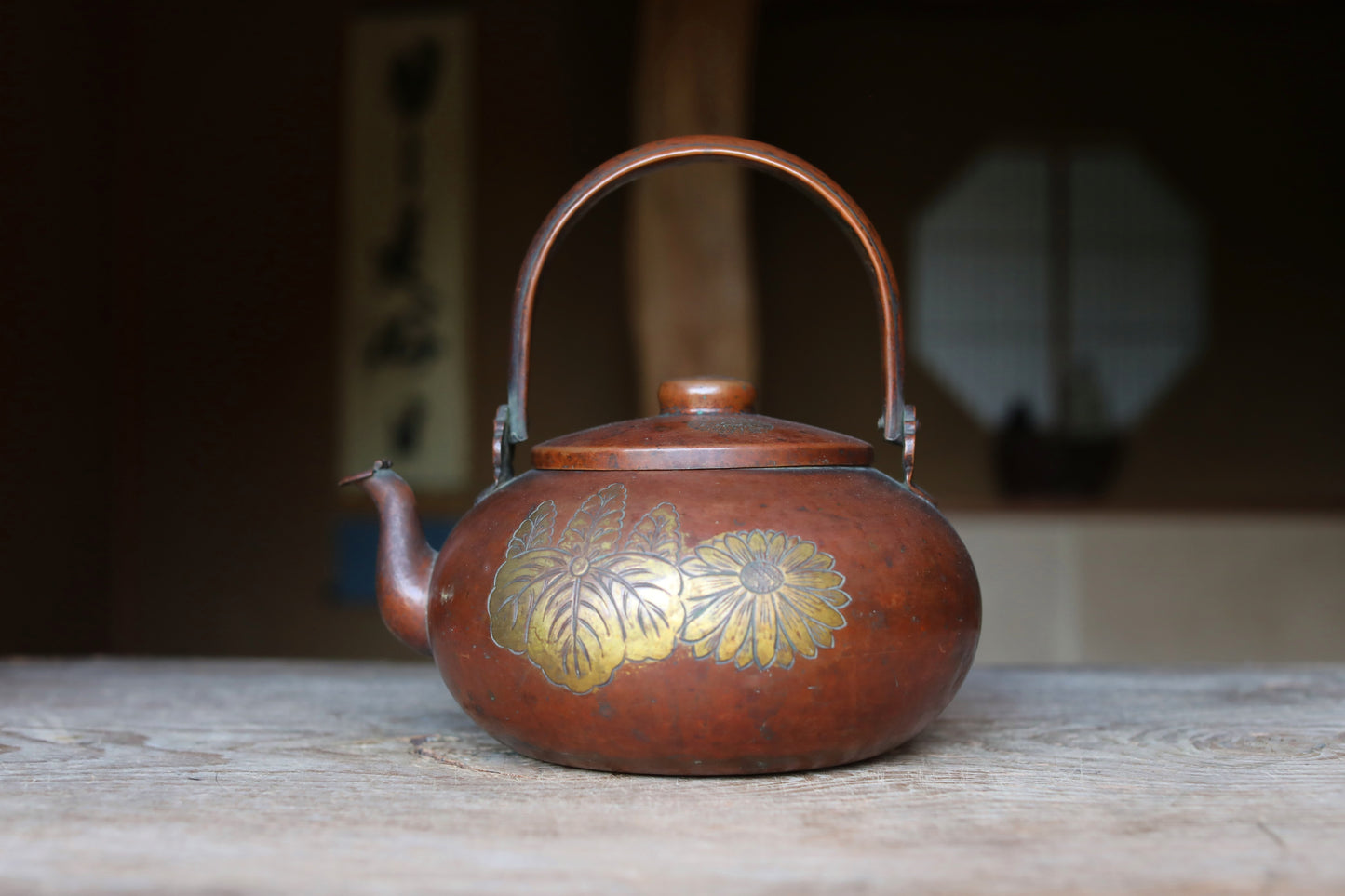 LARGE Japanese antique copper kettle tea pot chrysanthemum, paulownia hand metal craft kitchen ware tea pot, tea ceremony W10.2in/W26cm