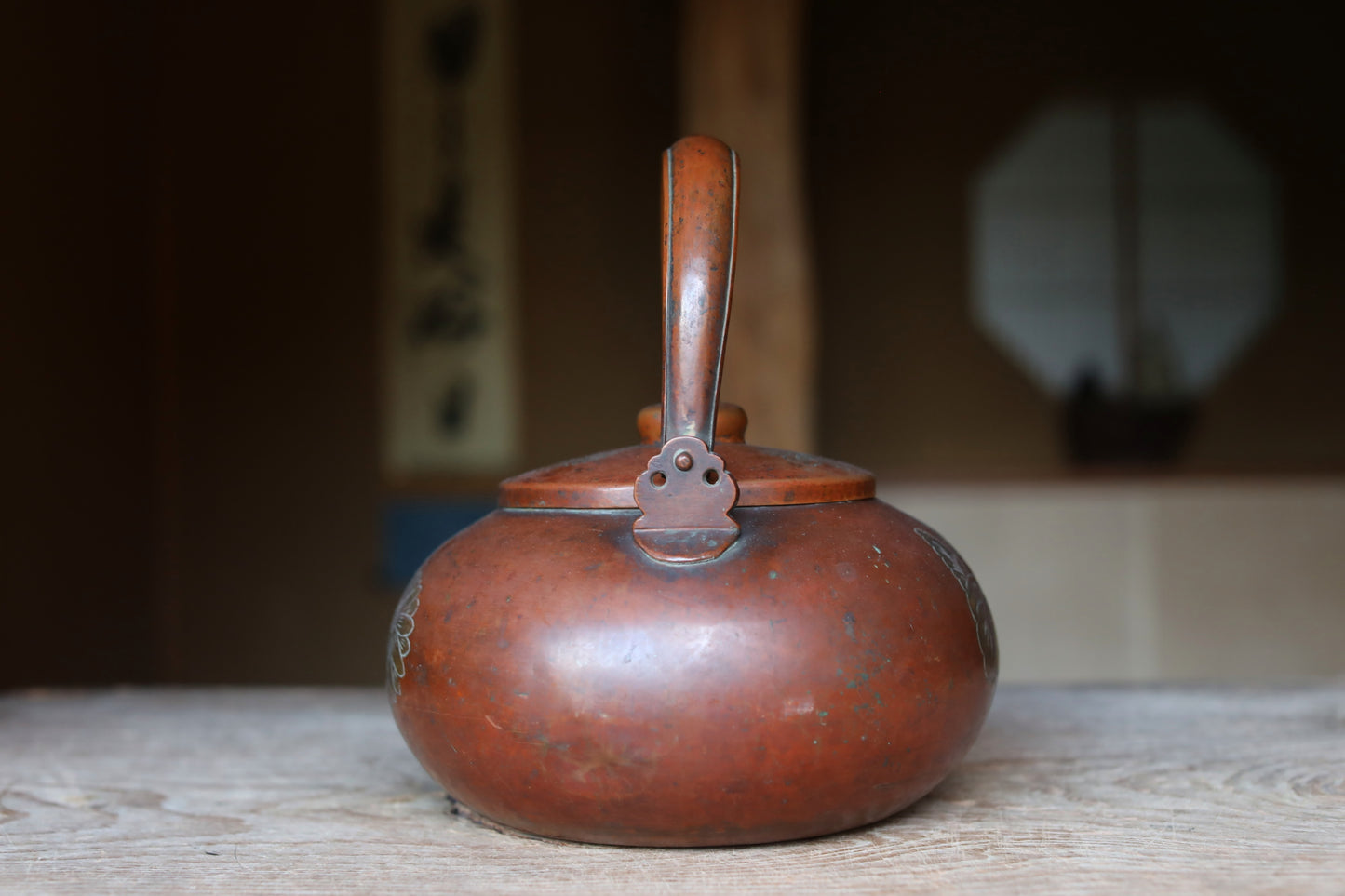 LARGE Japanese antique copper kettle tea pot chrysanthemum, paulownia hand metal craft kitchen ware tea pot, tea ceremony W10.2in/W26cm