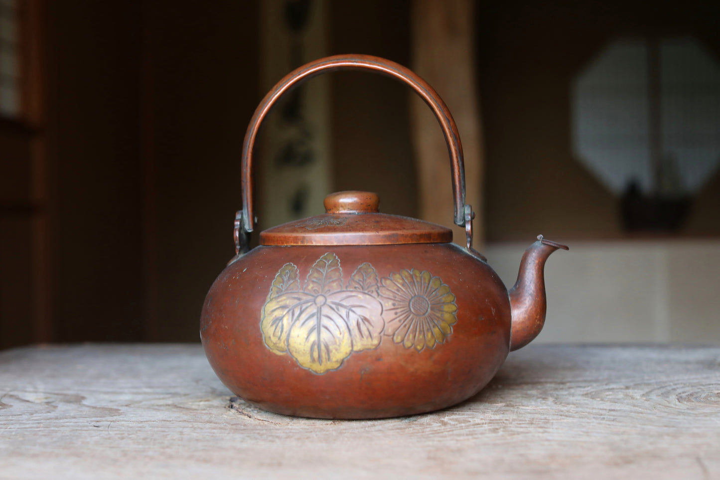 LARGE Japanese antique copper kettle tea pot chrysanthemum, paulownia hand metal craft kitchen ware tea pot, tea ceremony W10.2in/W26cm