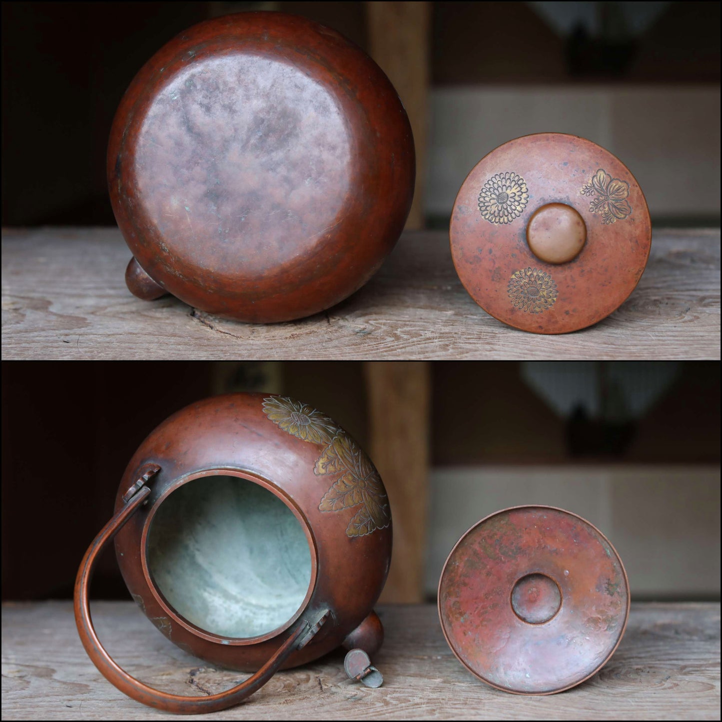 LARGE Japanese antique copper kettle tea pot chrysanthemum, paulownia hand metal craft kitchen ware tea pot, tea ceremony W10.2in/W26cm