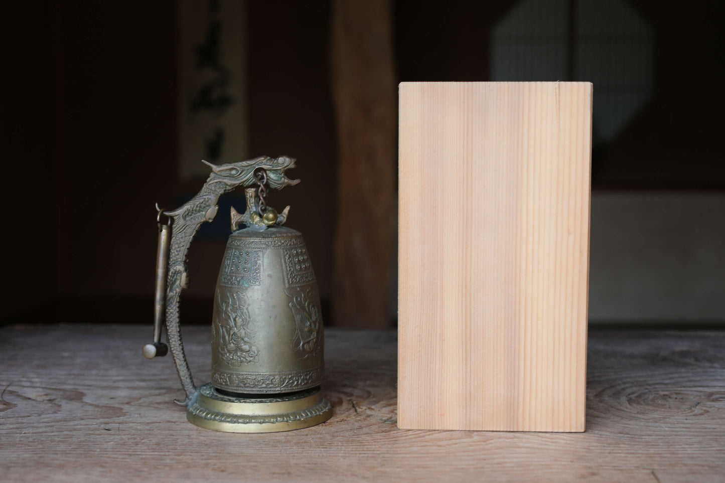 Japanese vintage bronze gong Bell Buddhist instrument stand striker set, with dragon Buddhas heavenly maiden temple alter H7.7in/H19.5cm