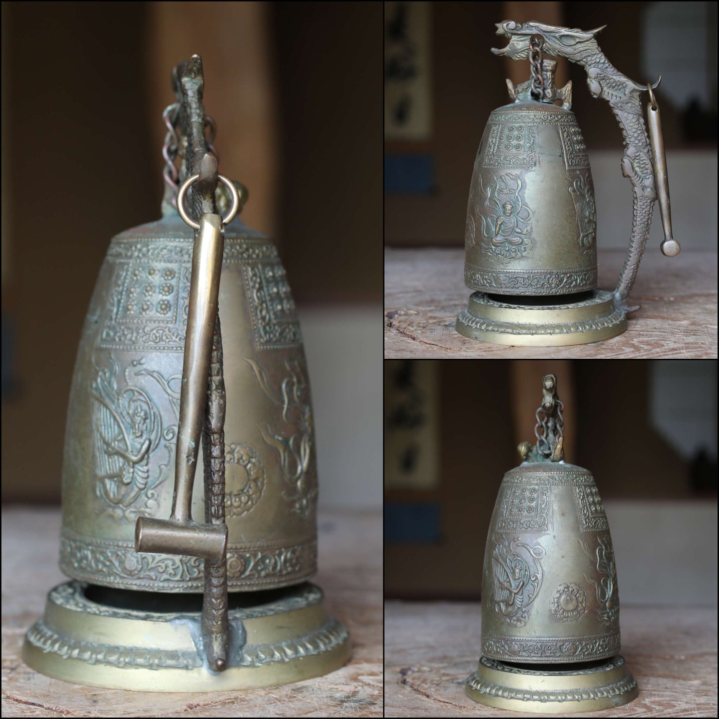 Japanese vintage bronze gong Bell Buddhist instrument stand striker set, with dragon Buddhas heavenly maiden temple alter H7.7in/H19.5cm