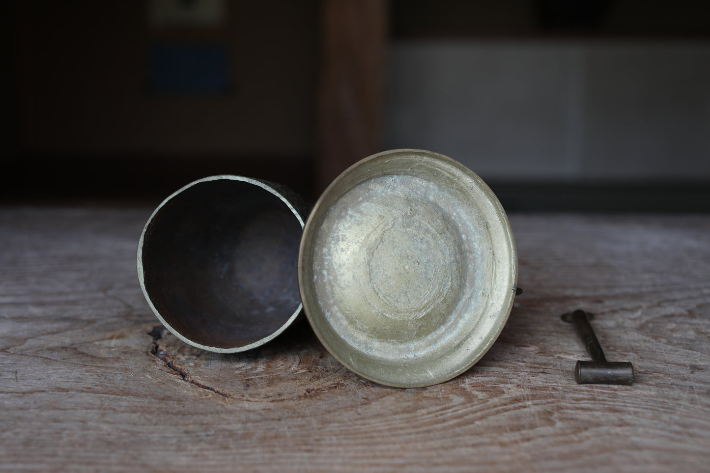 Japanese vintage bronze gong Bell Buddhist instrument stand striker set, with dragon Buddhas heavenly maiden temple alter H7.7in/H19.5cm