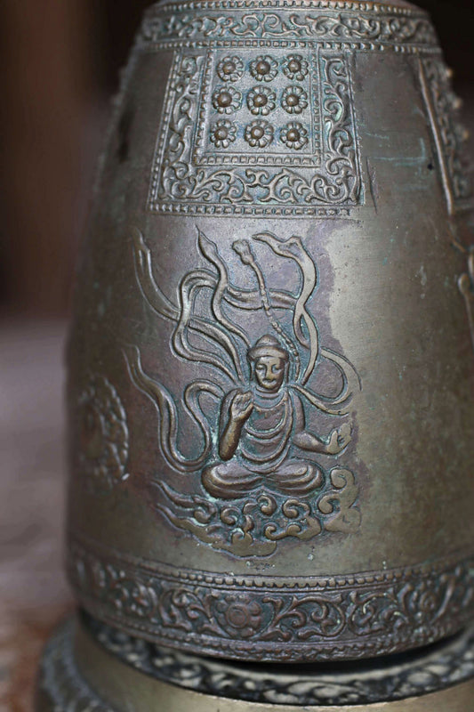 Japanese vintage bronze gong Bell Buddhist instrument stand striker set, with dragon Buddhas heavenly maiden temple alter H7.7in/H19.5cm