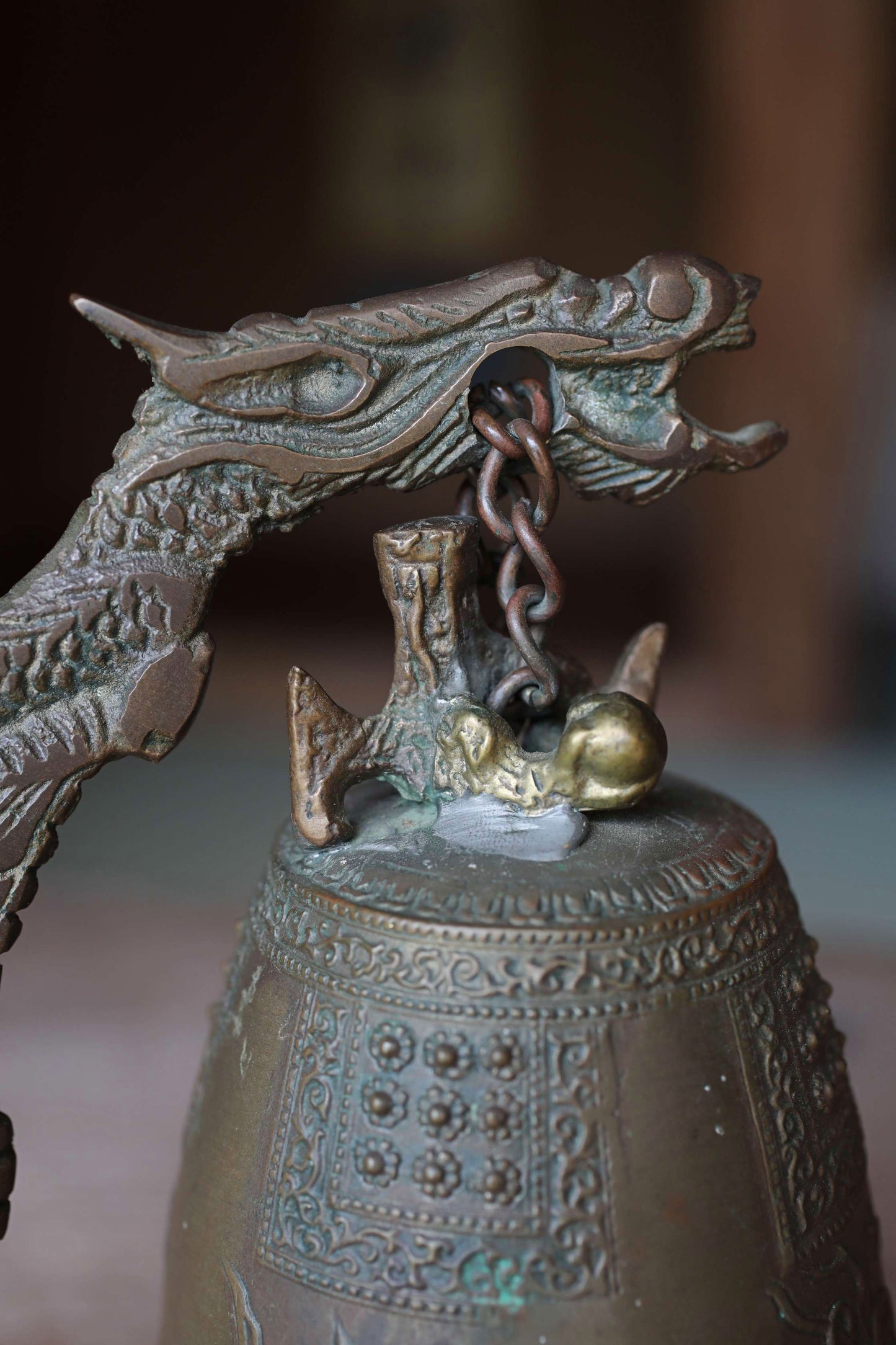 Japanese vintage bronze gong Bell Buddhist instrument stand striker set, with dragon Buddhas heavenly maiden temple alter H7.7in/H19.5cm