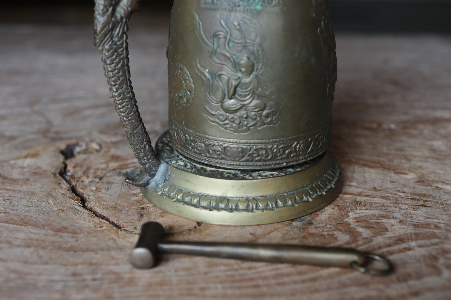 Japanese vintage bronze gong Bell Buddhist instrument stand striker set, with dragon Buddhas heavenly maiden temple alter H7.7in/H19.5cm