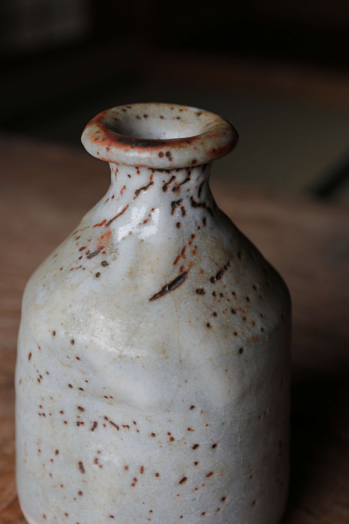 Japanese vintage hand made ceramic small jar flower vase Shino ware for Tea ceremony, IKEBANA H5.9in/H15cm