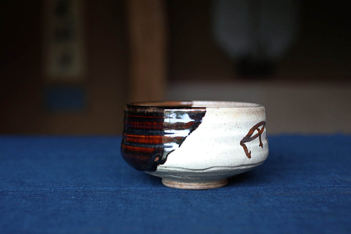 Green tea bowl Japanese antique CHAWAN black "ORIBE" Signed ware handmade Matcha Tea Cup Tea Ceremony ceramic with box W5.1in/ W13cm