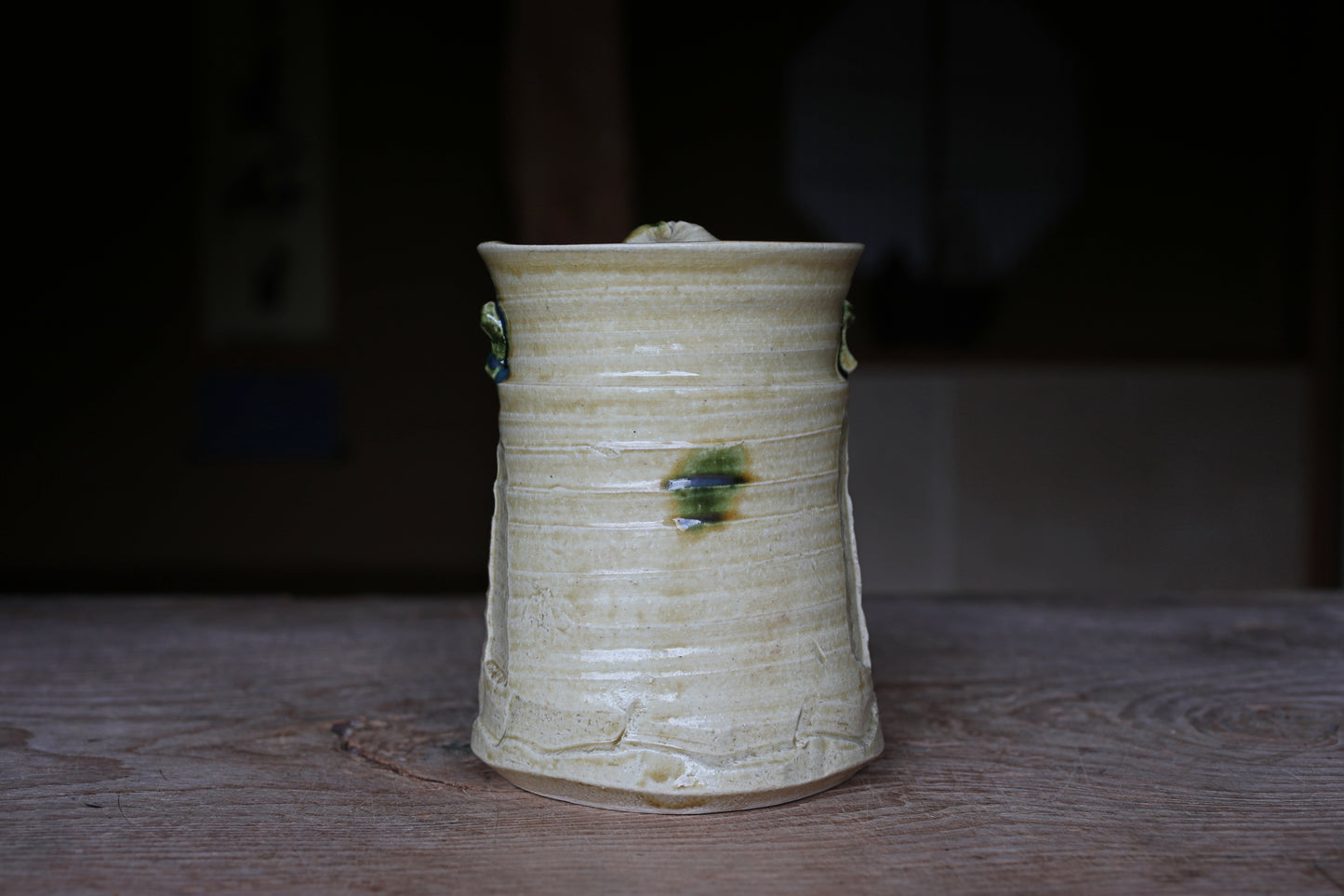 Japanese vintage Mizusashi jar with lid ceramic kiln craft For Tea ceremony "Ki-seto" with signed W7.5in/W19cm