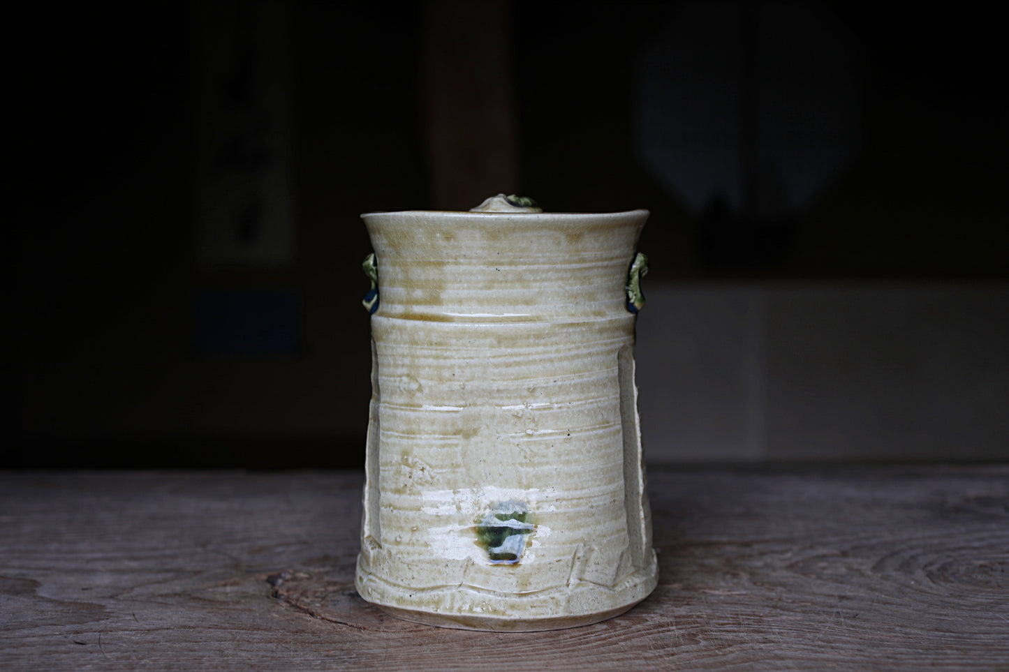 Japanese vintage Mizusashi jar with lid ceramic kiln craft For Tea ceremony "Ki-seto" with signed W7.5in/W19cm